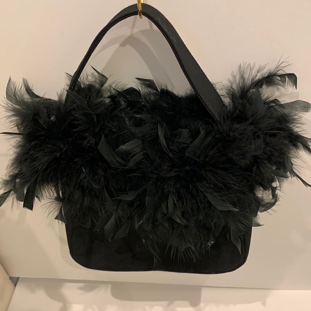 J Renee Black Genuine Ostrich Feather Fun Fringe Plume Purse Bag Black Gold HW